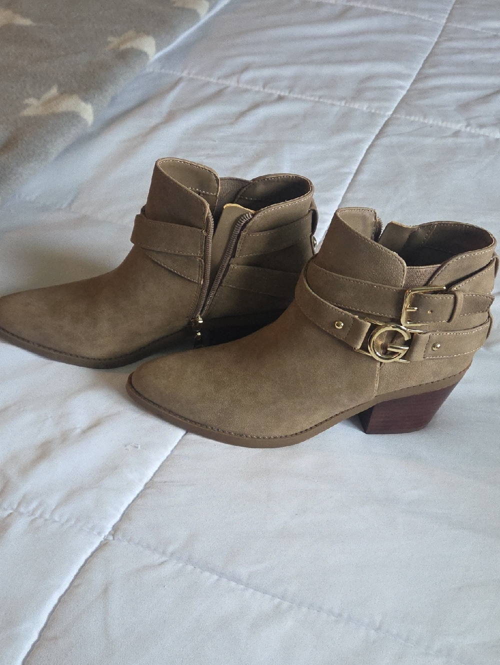 Guess Women's Taupe Suede Ankle Boot with Buckle Detail - Designer Style